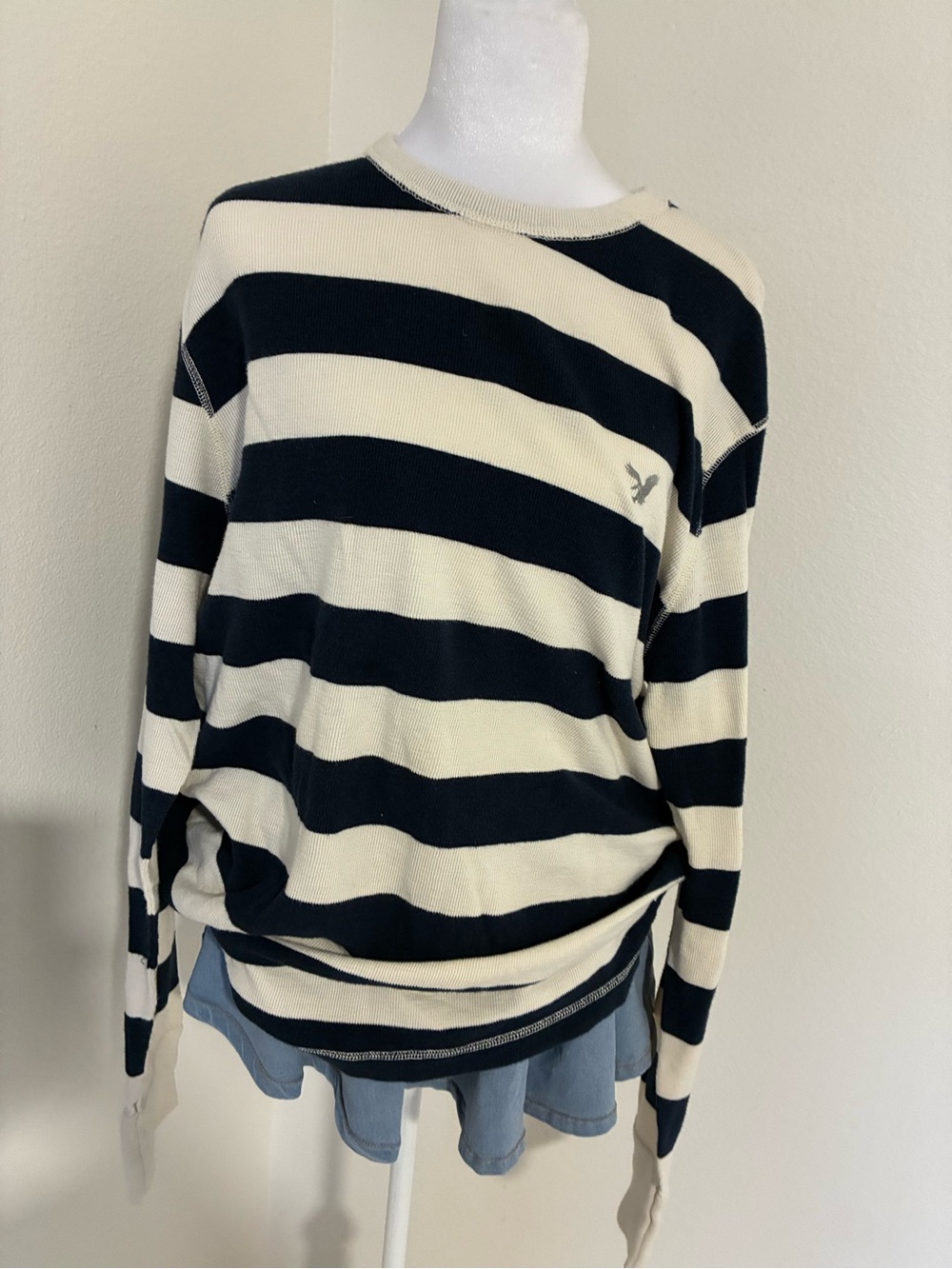 American Eagle Outfitters navy and Cream Striped Long Sleeve Tee